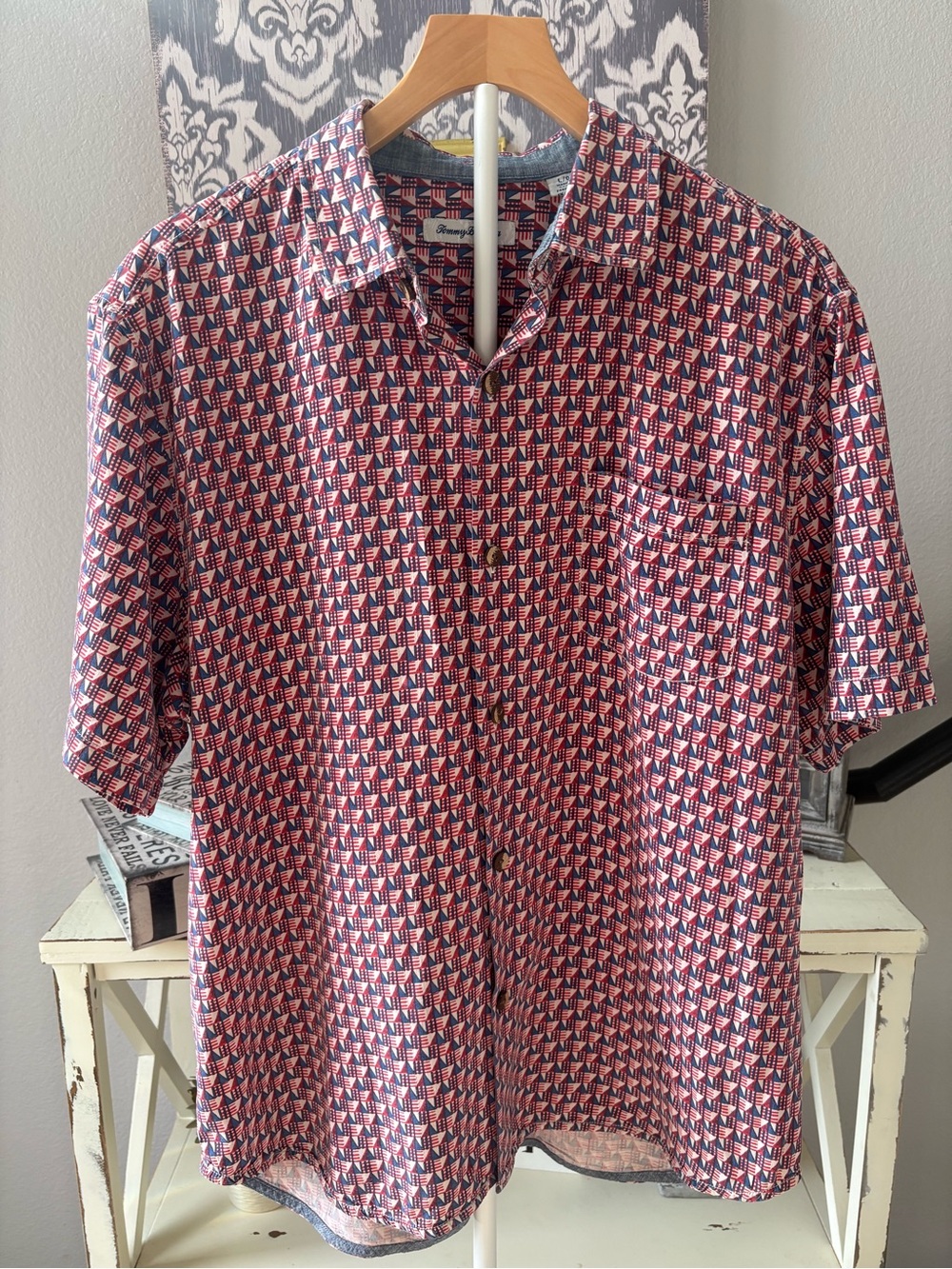 Tommy Bahama 100% Red and Blue Geometric Short-Sleeve Polo Shirt